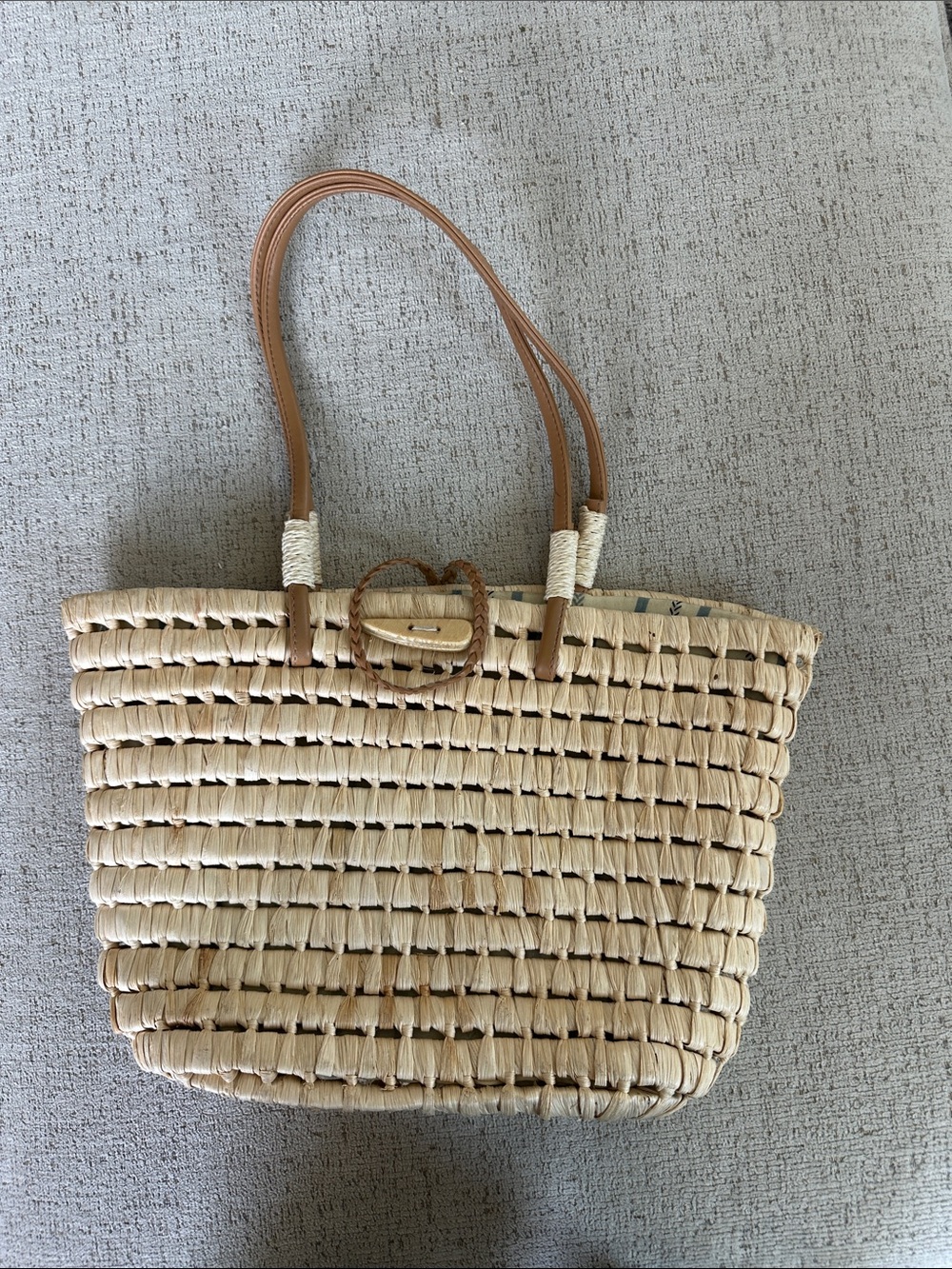 Woven Corn Husk Straw Tote Handbag with Blue Striped Lining